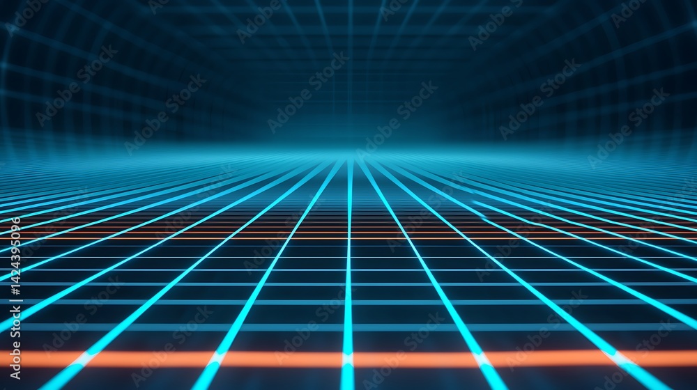 Poster futuristic glowing grid perspective: a dynamic visualization of lines in dark blue and orange tones.