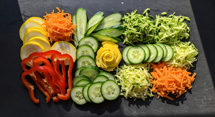 Fresh Sliced Vegetables Composition On A Dark Background Food Presentation