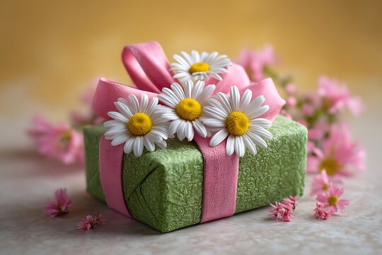 A beautiful green gift wrapped with a pink ribbon and adorned with daisies, set against a soft golden background filled with Mother's Day flowers, captured in