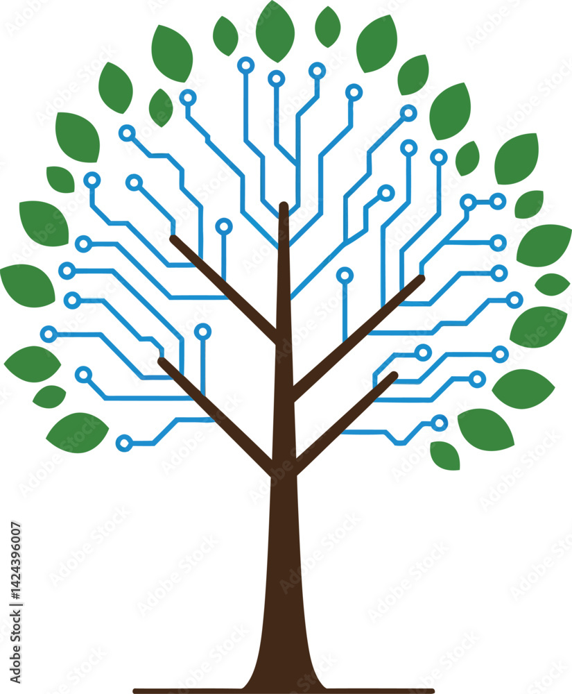 Poster tree with green leaves and blue circuit board pattern symbolizing technology and nature connection v