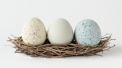 Obraz premium Three speckled eggs in a nest