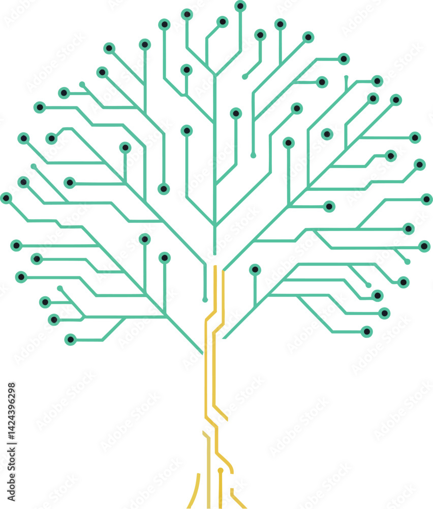 Poster digital tree circuit board design symbolizing technology and nature connection in green and gold lin