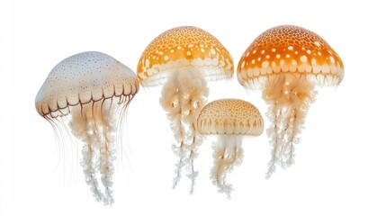 Four jellyfish, various shades of pale orange and white, against a white background.  They exhibit a spotted pattern