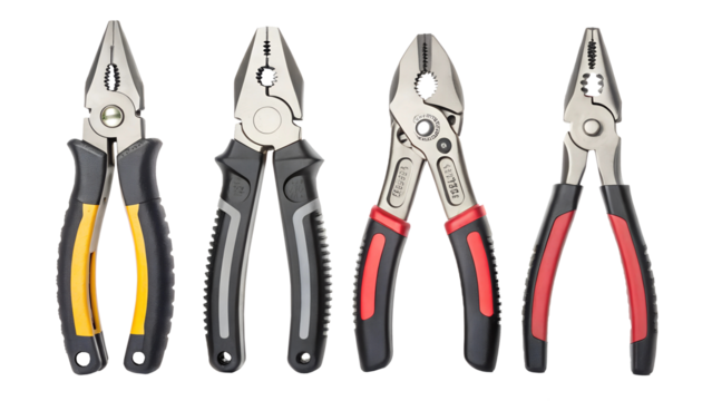 Assortment of combination pliers with insulated handles for electrical work and general handyman tasks