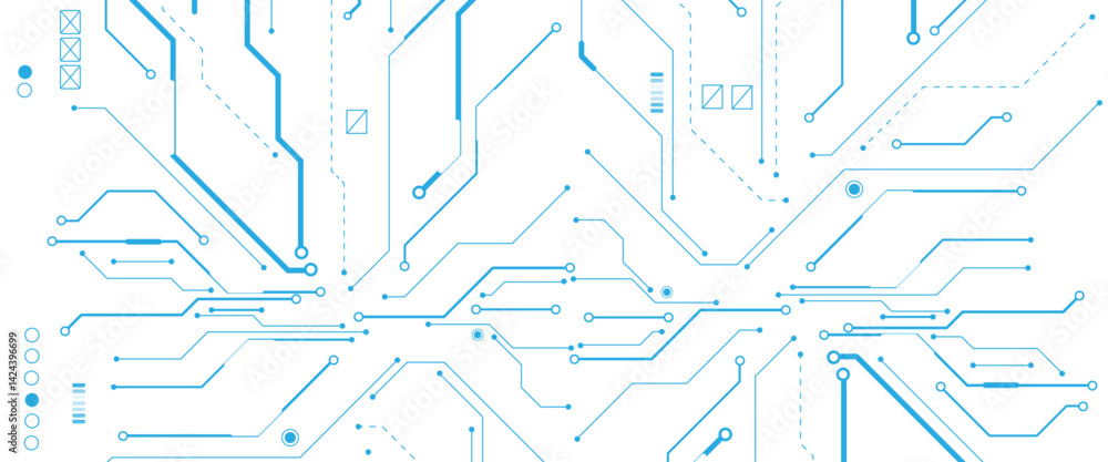Poster Abstract digital technology futuristic internet network speed connection white and blue background. Technology background with crossed lines and dots.