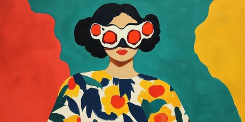 Fototapeta premium 鮮やかな色合いの背景の中で、ユニークなサングラスをかけた女性が立っている。