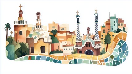 Naklejka premium Park Guell. Park Guell hand drawn watercolor illustration