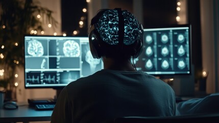 A person with a glowing brain graphic on their head, focused on medical scans on multiple computer monitors.