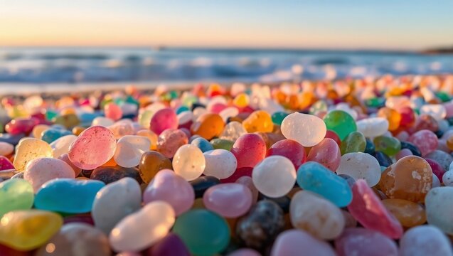 colored abstract marbels stones on a tranquil beach landscape, Generative AI