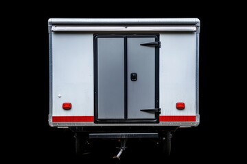A white trailer with gray doors and red lights is centered on a black background in a studio shot