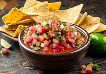 Serrano's Rothko-esque still life: a bowl of tomato sauce surrounded by tortilla chips, with lime and peppers on the side, in a close-up shot with studio lighting,