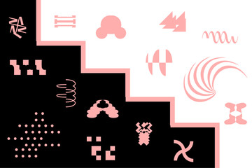 Retro futuristic postmodern vector minimalistic shapes design. Modern monochrome print brutalism, extraordinary graphic elements of geometrical shapes composition. 