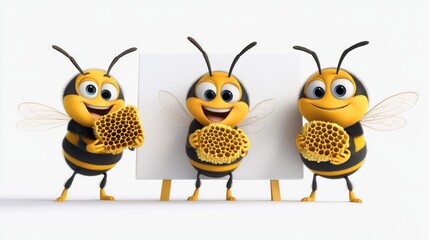 Obraz premium Three cartoon bees holding honeycomb near easel