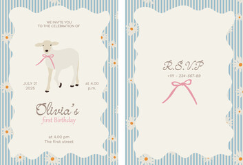 Kids birthday invitation with Cute flat sheep, daisies and bow illustrations in countrystyle life. Farming animal character flat illustration. Vector baby invitation design.
