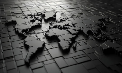 Dark Metal World Map on a Geometric Cube Background