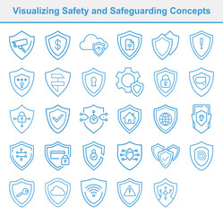 Security System Icons Blue Shield Outline Symbols on White Background Design