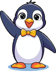 Cartoon Penguin Waving Hello with Bow Tie - Vector Illustration