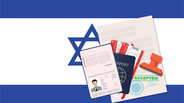 Israel visa, open stamped passport with visa approved document for border crossing. Immigration visa concept. Background with Israel flag. vector illustration