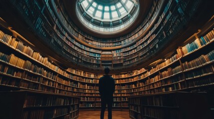 Obraz premium A person stands at the center of a large, circular library, surrounded by towering shelves filled with books, exuding knowledge and contemplation.