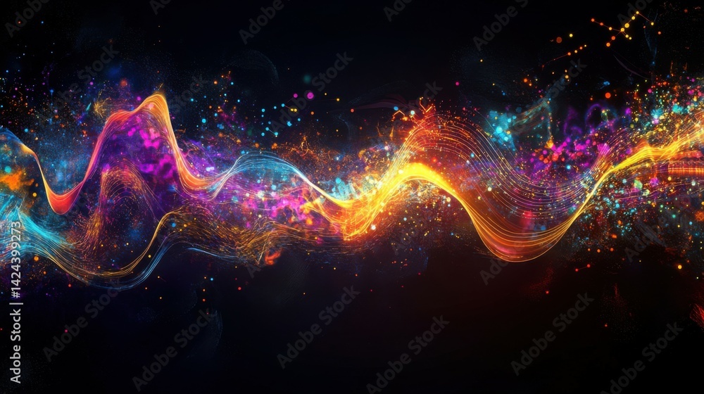 Poster a vibrantly colored artistic representation of a graph with dynamic lines, symbolizing analysis and 