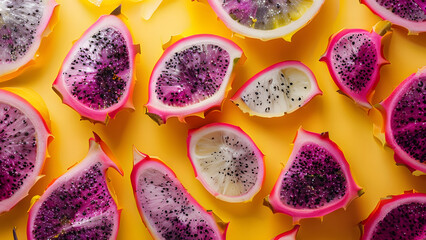 Naklejka premium Dragon fruit slices surrounding a lemon yellow vibrant background