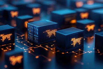 Business and economics are becoming more automated. Futuristic digital containers interconnected with glowing lines in a tech-themed environment.