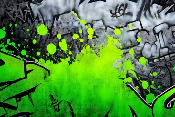 Vibrant green graffiti splatter on a textured urban wall.