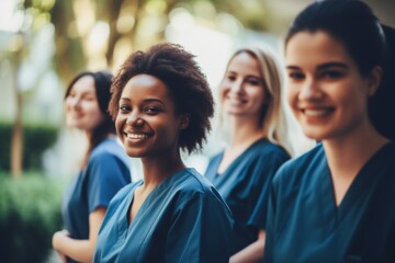 Fototapeta premium diverse group of smiling female nurses at training at college