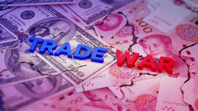 Illustration of trade conflict showing torn US dollar bills and Chinese yuan notes with bold "Trade War" text in 3D.
