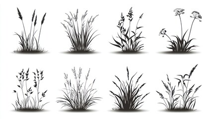 Wildflower silhouettes, meadow plants, nature background, design elements (1)