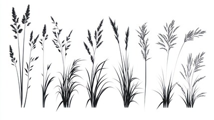 Silhouettes of various grasses, meadow, nature, white background, design