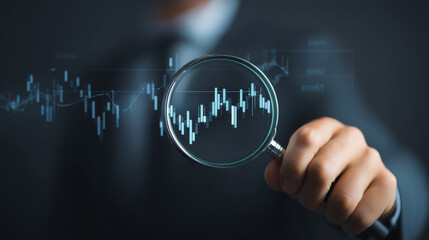 Fototapeta premium A sharply focused image of a businessman holding a magnifying glass to a virtual screen displaying dynamic stock market graphs and charts. Generative AI
