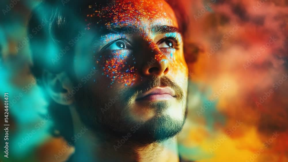 Poster futuristic portrait of a man with augmented reality elements, exploring technology