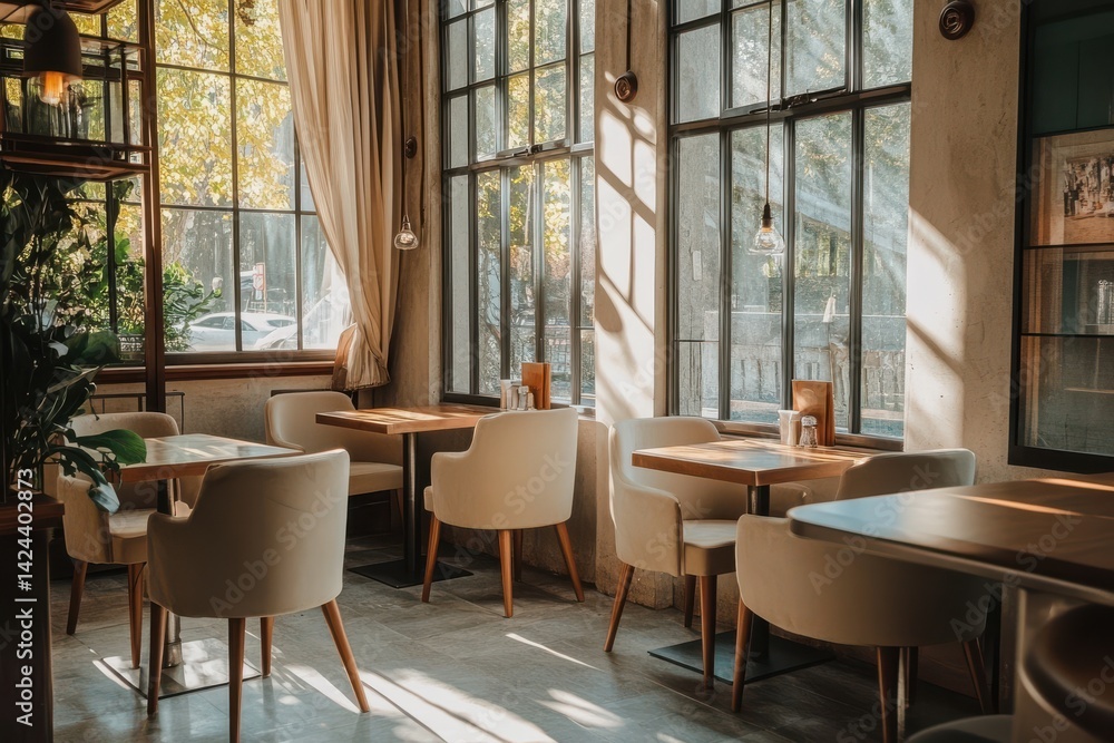 Poster interior of a cafe with tables chairs and large windows letting in sunlight creating a warm atmosphe