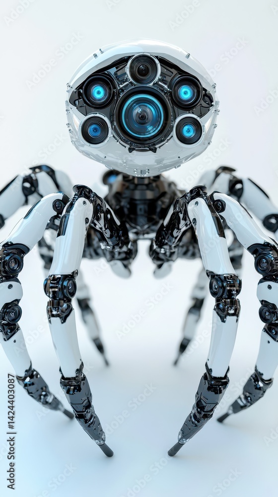 Poster a futuristic spider-like robot with multiple cameras.