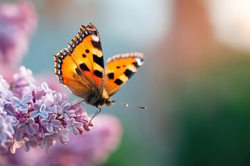 Obraz premium Butterfly gracefully flying over delicate lilac blossoms in a serene garden