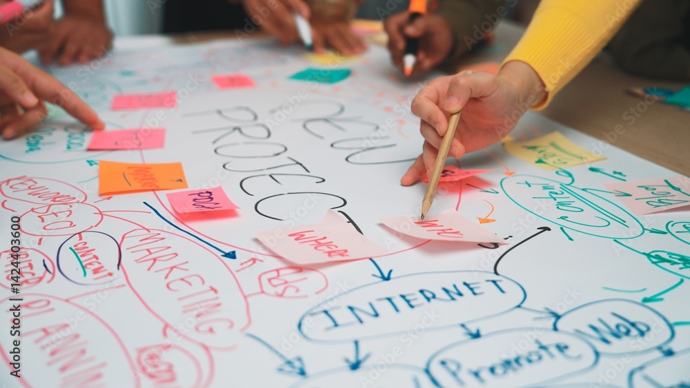 Poster a vibrant brainstorming session showing multiple hands engaging with colorful notes on a whiteboard,