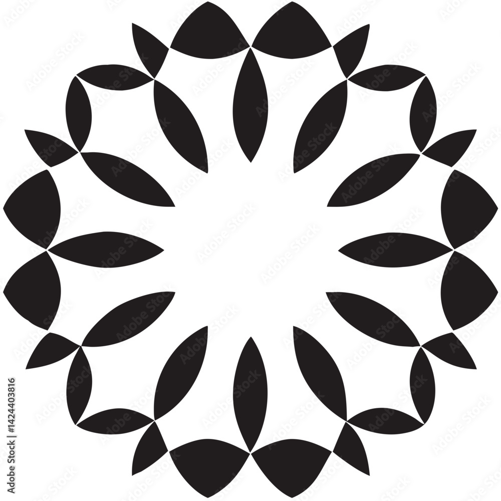 Poster a captivating circular design of interlocking black petals creating a sense of elegant symmetry and 