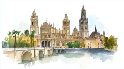 Obraz premium Seville Cathedral and La Giralda. Seville Cathedral and La Giralda hand drawn watercolor illustration