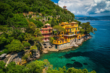 Colorful seaside villas with stunning view, Portofino resort, Liguria, Italy