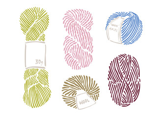 Set of colorful yarn skeins with paper labels in different shapes and colors. Flat hand-drawn illustration isolated on white background. Knitting and crochet supply. Hobby and DIY concept