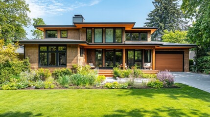 Fototapeta premium Scandinavian-style home with light wood siding and large windows, set in a green residential area