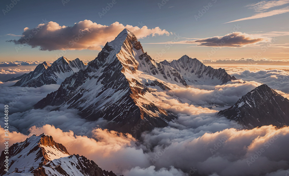 Poster Mountain range with a large peak in the middle and a cloudy sky. The clouds are white and fluffy, giving the scene a peaceful and serene atmosphere