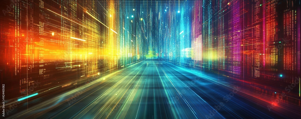 Poster Digital data stream flowing through cyberspace road at high speed