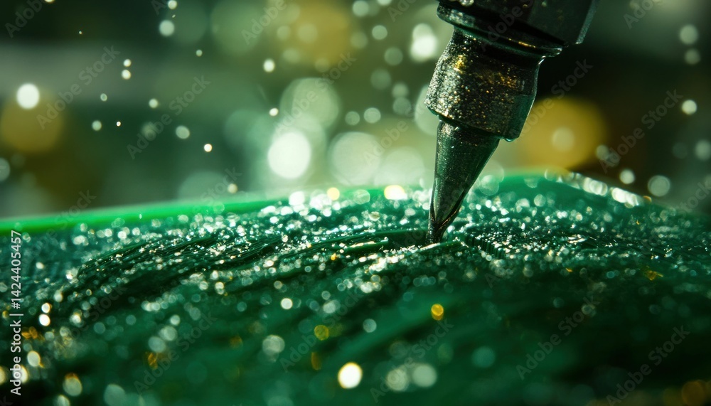 Aufkleber detailed macro shot of soldering iron tip on green circuit board with bokeh