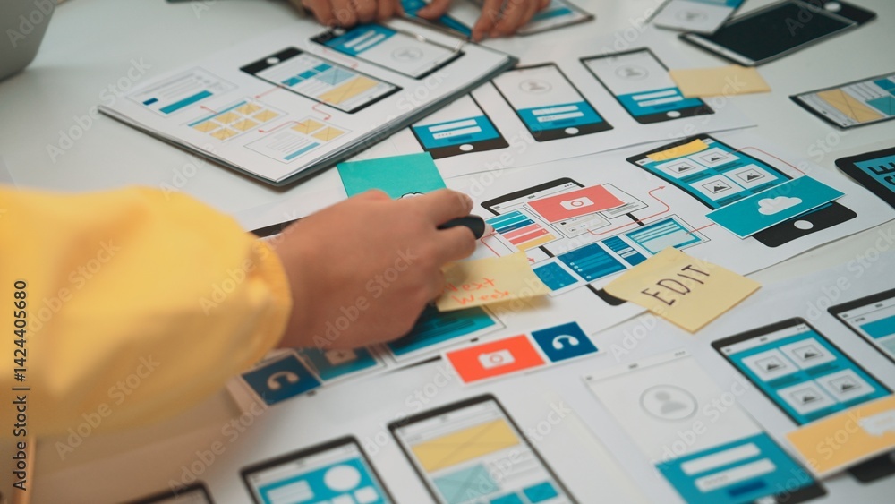 Poster a close-up view of a hands-on mobile app design process featuring colorful sketches, notes, and prot