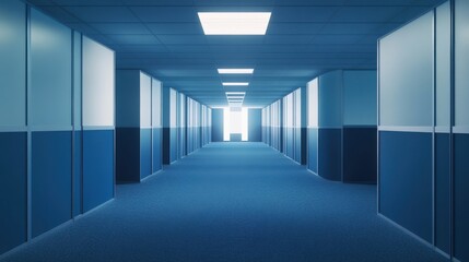 Fototapeta premium A symmetrical view of an empty office cubicle environment with blue partitions and carpeted floors