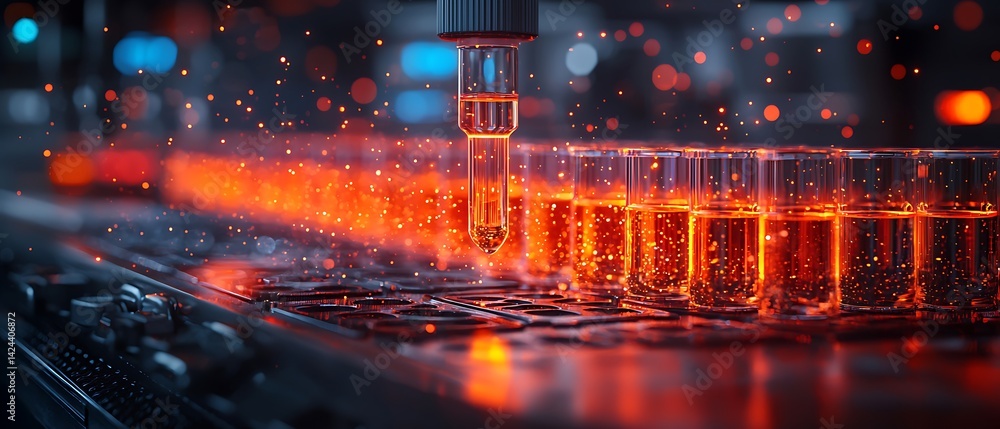 Poster automated laboratory analysis: precision liquid handling with glowing particles and glassware for sc