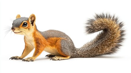 A small, reddish-gray squirrel with a bushy tail.