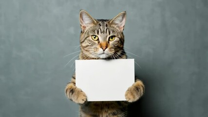 Tabby cat holding a blank white sign in paws against a gray background for a mock up